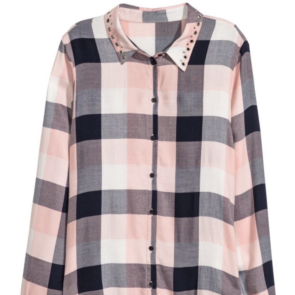 H&M Pink and Navy Plaid Flannel w Studded Collard